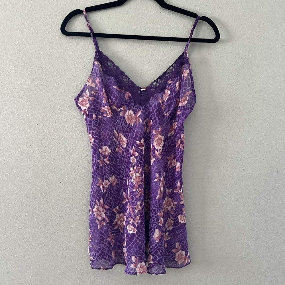 Purple Floral Lace Babydoll Cami Y2K Sheer Size M Fairy Romantic Lingerie
